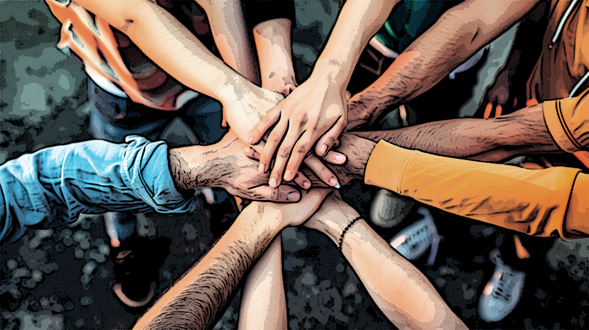 Revelry blog post on trust in partnerships. Hands stack in center of circle.