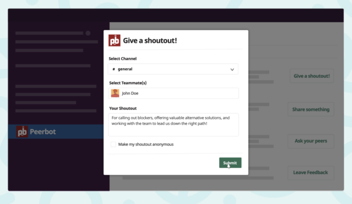 Revelry Peerbot peer-to-peer learning and support tool interface on Slack