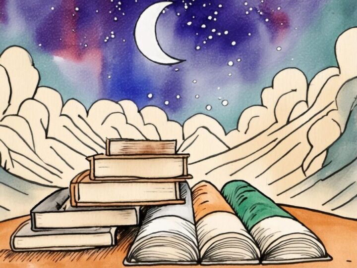 AI generated image of books and scrolls with crescent moon and starry sky in background