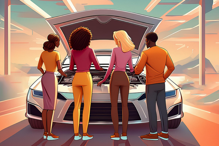 Four people looking under hood of car cartoon like. Revelry blog post on AI and tech due diligence