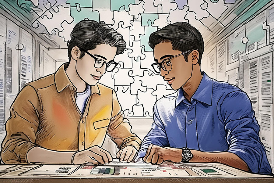 Two younger business men working at table with puzzle pieces in the background. Blog post for Revelry. AI generated.