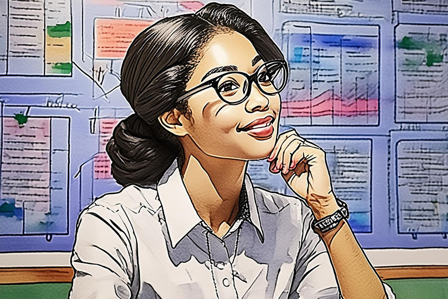 Business women smiling and thinking with graphs in the background. Ai generated for revelry blog post