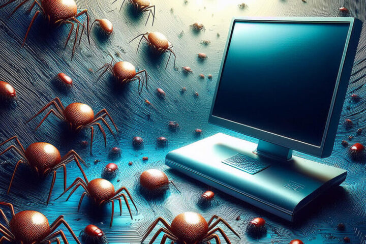 Blog post on secure software development showing bugs invading a computer desktop