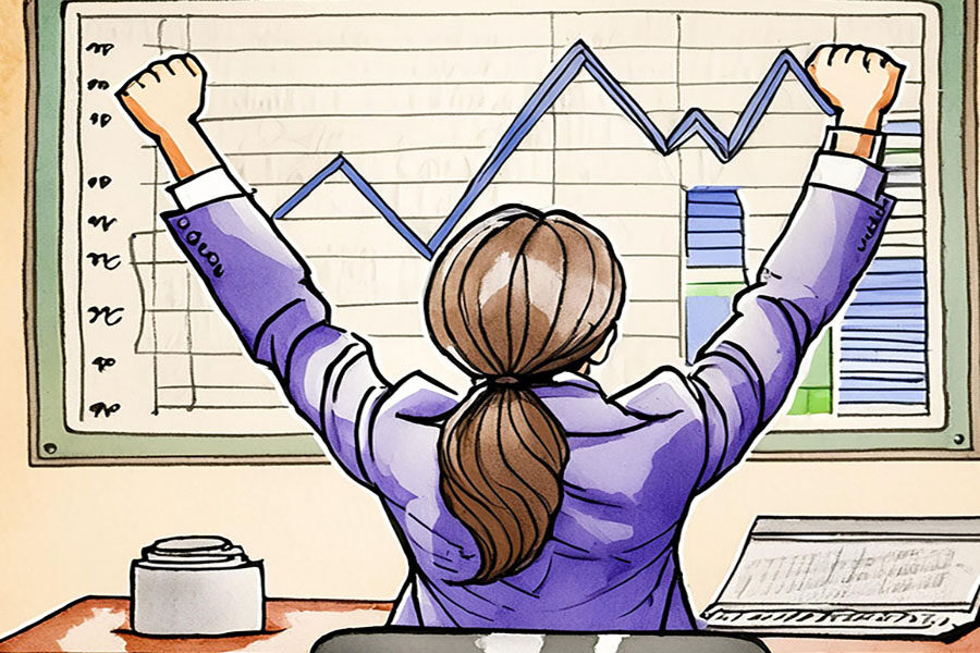 Illustration of woman facing whiteboard with arms up for the win