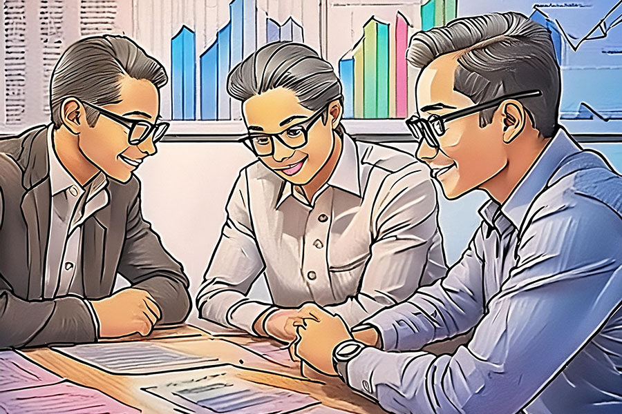 Three business men meeting at table with graphs in the background. AI generated for Revelry blog post