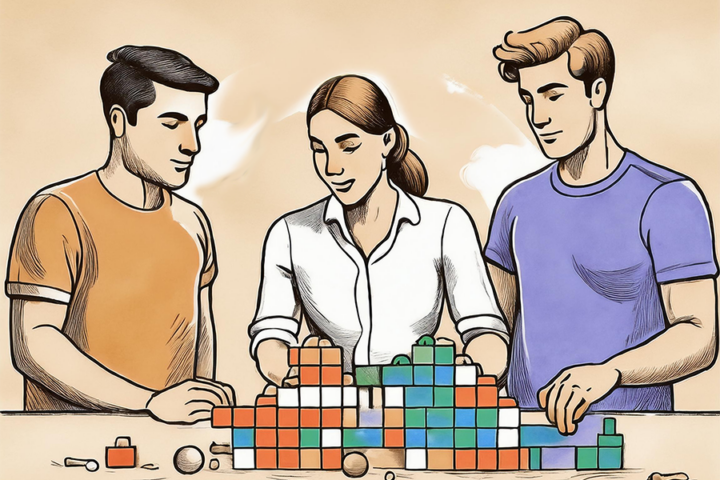 Illustration of three people building with blocks for Building Successful Product Dev Team on Revelry blog