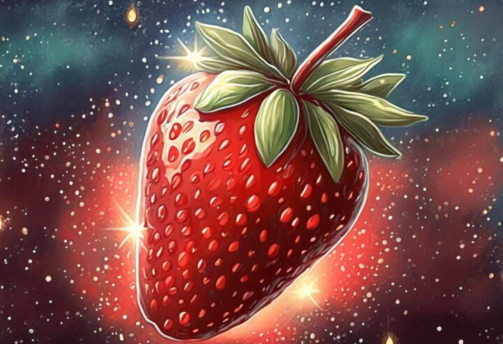 Illustration of a strawberry with sparkles and a celestial background