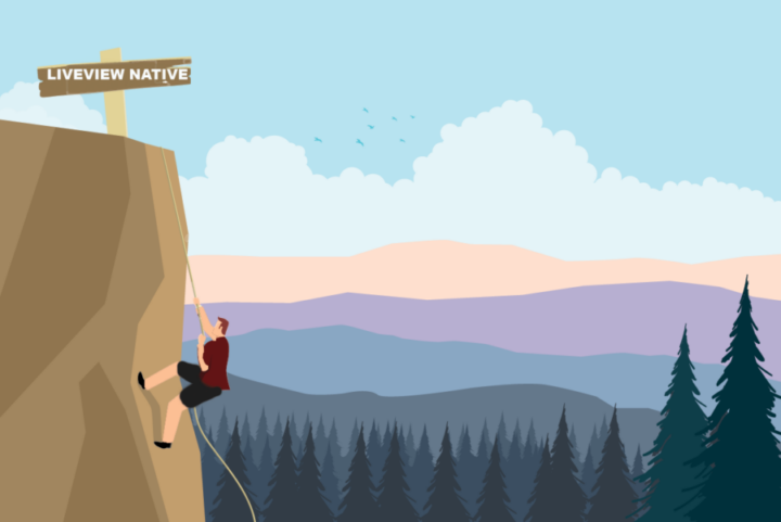 Illustration of caucasian man in shorts climbing a mountain sign at top says Phoenix LiveView Native