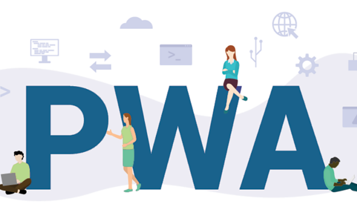 progressive web apps illustration capital letters in teal with icons floating