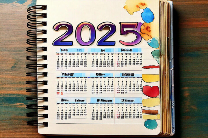 2025 date book with watercolor marks on border for Revelry events blog post
