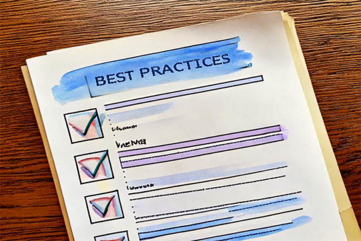 illustration of sheet of paper on wooden table with words Best Practices at top and checklist below
