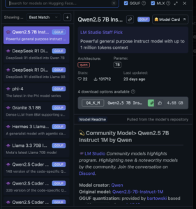 A screenshot of LM Studio, showing the plethora of models to choose from
