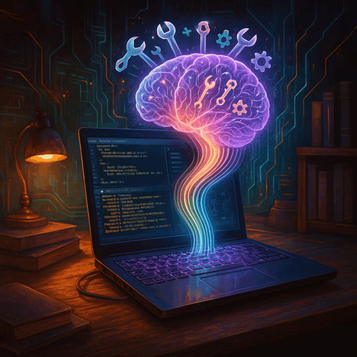 An image of a brain coming out of a laptop with tools attached